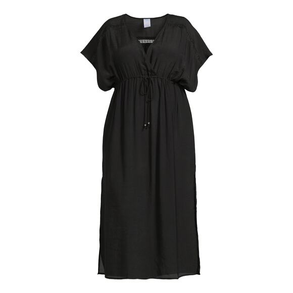 Lascana Short Sleeve Tie Front Maxi Duster Cover Up Black 10 - Picture 1 of 12